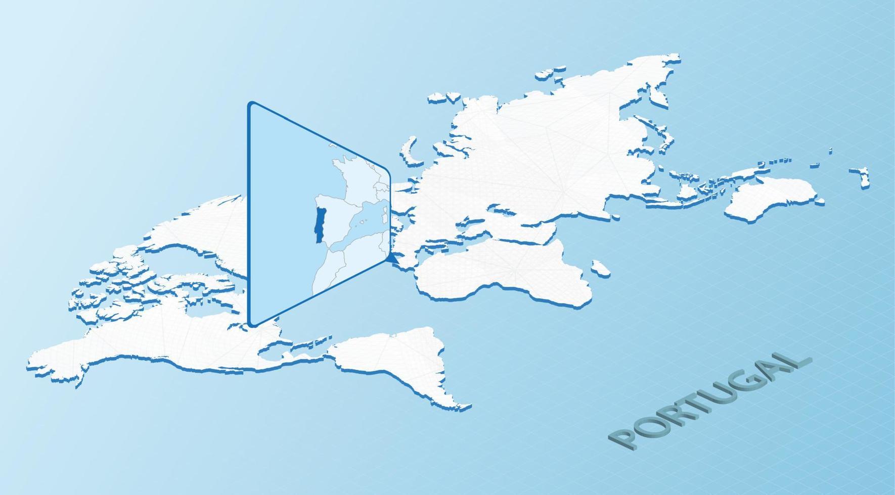 mapa-múndi em estilo isométrico com mapa detalhado de portugal